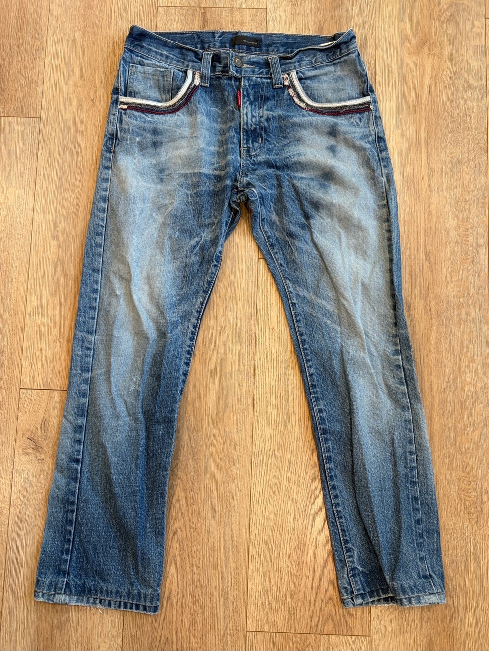 DSQUARED2 Men’s Distressed Slim Straight Jeans Blue Denim Red White Trim 32
